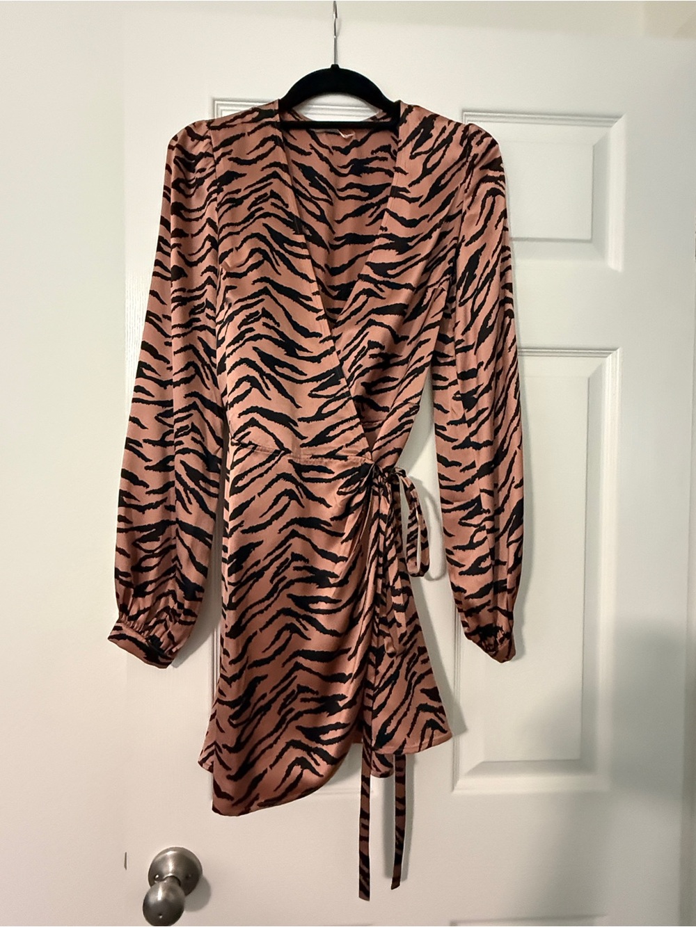 Reformation Starlight Silk Wrap Long Sleeve Mini Dress in a "Tigerlily"